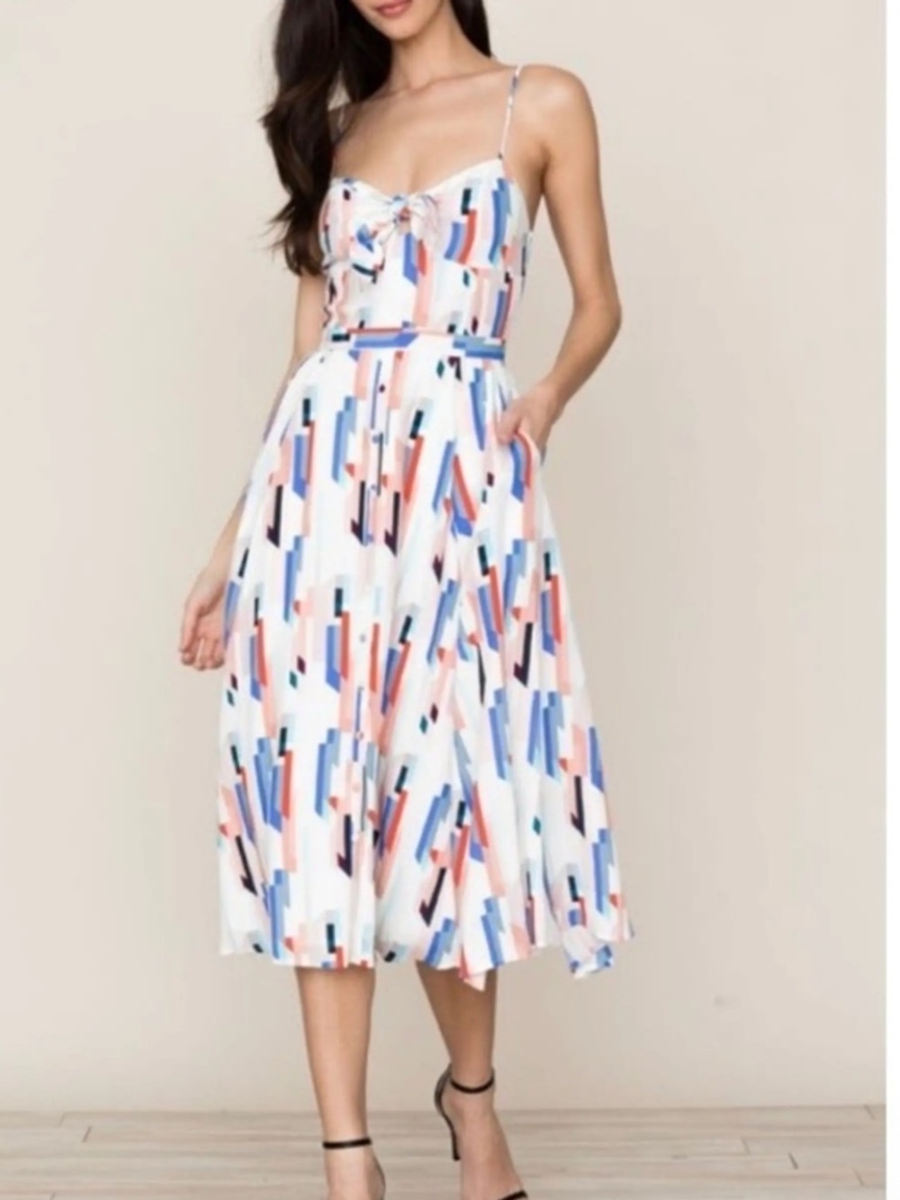 Yumi Kim White Midi Dress with Blue, Pink & Orange Abstract Print